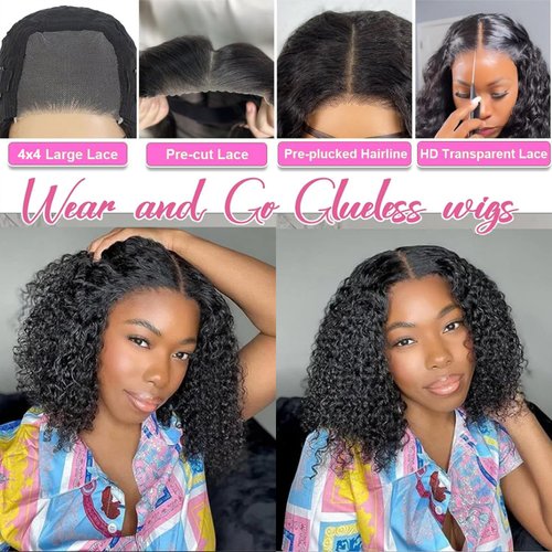 Glueless Bob Wigs Human Hair Pre Plucked Pre Cut Deep Wave Short Curly Human Hair Wigs Wear and Go Glueless Wigs 180% Density Lace Front Wigs for Black Women 4x4 Lace Closure Human Hair Wig 8 Inch
