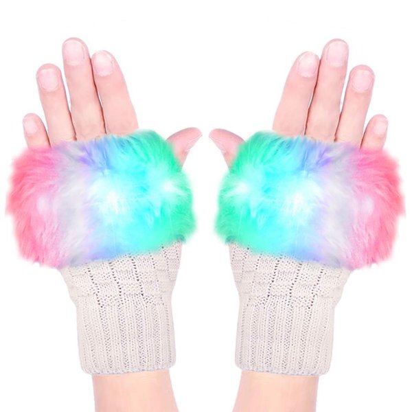 Luwint LED Glow Blink Fur Fingerless Knit Gloves - Funny Light Up Mitten for Party Christmas Halloween Costume