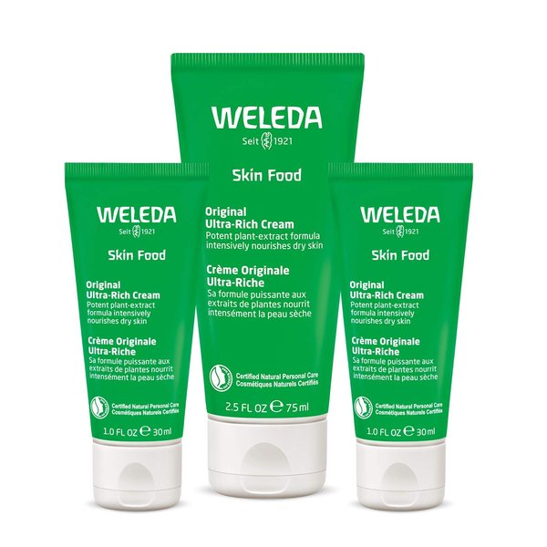 Weleda Skin Food Original Ultra-Rich Body Cream Trio, 3 Piece Set, 2.5 Fluid Ounce (Pack of 1), 1 Fluid Ounce (Pack of 2), Plant Rich Moisturizer and Lip Care with Chamomile and Calendula