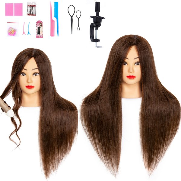 Cosmetology Mannequin Head With 60% Real Hair 26 inch Long Cosmetology Mannequin Head For Hair Styling Brown Hair Training Head Hairdresser Practice Doll Head With Clamp Holder