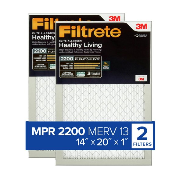 Filtrete 14x20x1 AC Furnace Air Filter, MERV 13, MPR 2200, Elite Allergen, Bacteria & Virus Filter, 3-Month Pleated 1-Inch Electrostatic Air Cleaning Filter, 2-Pack (Actual Size 13.81x19.81x0.78 in)
