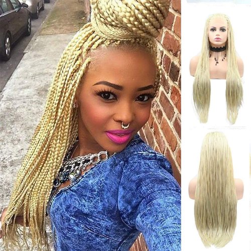 Blonde Micro Braided Lace Front Wigs for Women Long Box Braid Wig Soft Braids Lace Wig Realistic Handmade Natural Hairline Glueless Synthetic Heat Resistant Fiber Hair Cosplay Daily Briaded Wig 26Inch