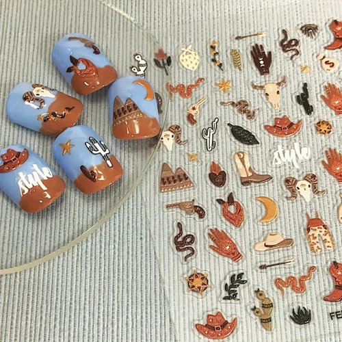 Cute Nail Art Stickers Exotic Nail Decals 5D Adhesive Nail Supplies Snake Cowboy Clothing Cow Money Bag Bohemian Style Design Cowboy Desert Cactus Nail Stickers for Women Girls Nail Art Decoration