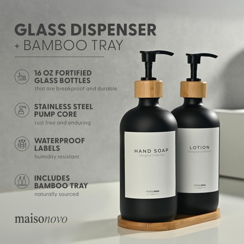 MaisoNovo Black Glass Soap Dispenser with Bamboo Tray | Soap Dispenser Bathroom Set of 2 | Hand Soap Dispenser | Dish Soap Dispenser for Kitchen