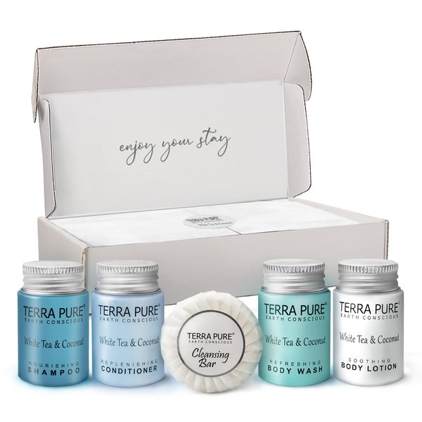 Terra Pure White Tea and Coconut Amenity Kit | Hotel Toiletries | 1oz Travel Size Shampoo, Conditioner, Lotion, Body Wash & Cleansing Bar for Guest Hospitality AirBnB/Vacation Rentals | 1 set/case