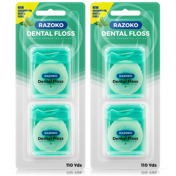 Coconut Oil Dental Floss Expanding Dental Floss Suitable for Wide Spaces (55 Yards, 4 Count) - Mint Flavor