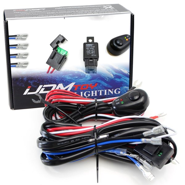 iJDMTOY Universal Fit 4-Output Relay Harness Wire Kit with LED Indicator ON/Off Switch Compatible with Automtive Driving Light, Fog Light, Retrofit, Off-Road Lighting, etc