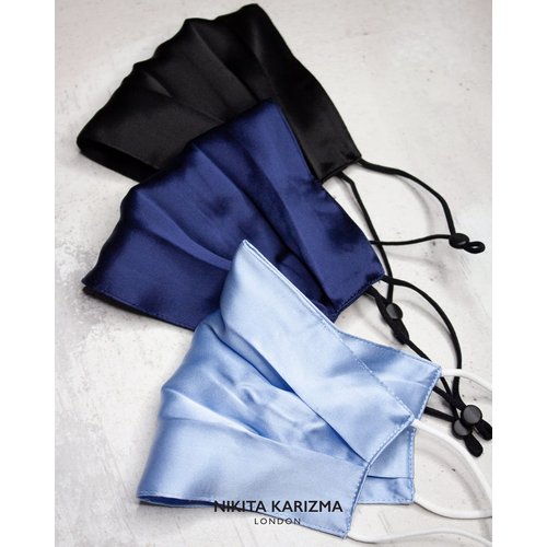 KARIZMA Beverly Hills Silk Face Mask 3 Pack. Blues Fashionable Designer Face Mask for Women. Washable Fabric Face Mask Reusable Facemask. Real Mulberry Silk Masks, Luxury Fashion Masks for Women