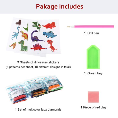Outus 18 Pieces Diamond Stickers Kit for Boys Girls and Adult Beginners, 5D DIY Dinosaurs Painting Stickers Paint by Numbers Kits Handmade Craft