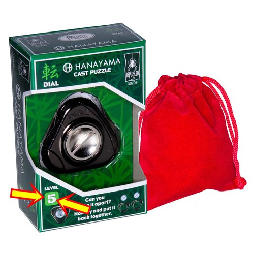 DIAL Hanayama Cast Metal Brain Teaser Puzzle New 2017 Release Level 5 Difficulty Rating Bonus Red Velveteen Drawstring Pouch Bundled Items