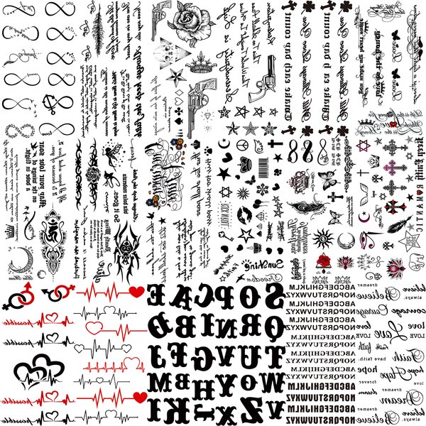 TASROI 18 Sheets Black Inspired Quotes Temporary Tattoos For Women Kids Children Long Lasting Letter Alphabet Words Fake Tattoo Stickers Birds Cross ECG infinity Moon Star Neck Arm Tatoo For Men Adult
