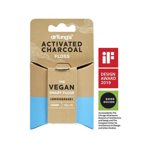 DrTung's Vegan Activated Charcoal Floss - Natural Dental Floss, Gentle on Gums, Expands & Stretches, BPA Free Floss - Lemongrass Flavor (Pack of 1)