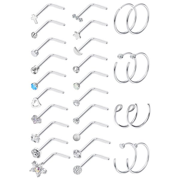 MILACOLATO 28Pcs 20G Nose Rings for Women | 316L Surgical Stainless Steel Nose Rings Hoops | Hypoallergenic L Shaped Nose Rings Studs | Nose Piercing Jewelry for Women Men