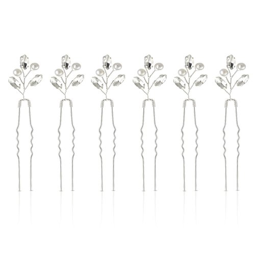 Wedding Hair Pins Silver Bridal Hair Pins for Women Girls Bridesmaids Rhinestone Hair Clip Pearl Crystal Jewelry Hair Pins Flower Bride Hair Pins Vintage Hair Accessories Bulk Leaf Hair Pins(6 Pieces)