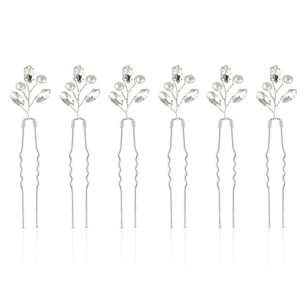 Wedding Hair Pins Silver Bridal Hair Pins for Women Girls Bridesmaids Rhinestone Hair Clip Pearl Crystal Jewelry Hair Pins Flower Bride Hair Pins Vintage Hair Accessories Bulk Leaf Hair Pins(6 Pieces)