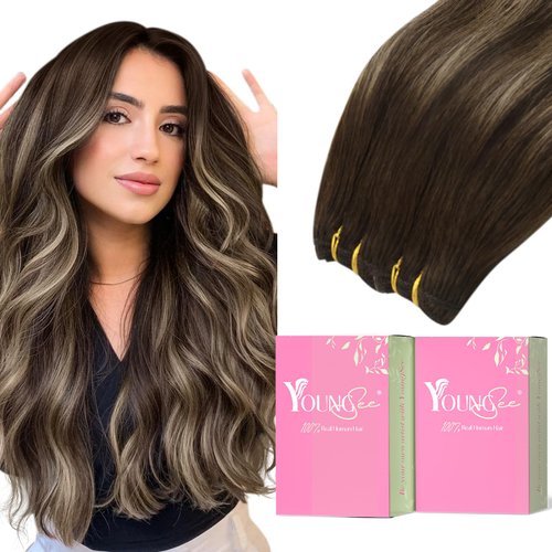 YoungSee 100G Weft Hair Extension Human Hair Brown Balayage Sew in Hair Extensions Real Human Hair Dark Brown Fading to Caramel Blonde Mix Brown Balayage Soft Human Hair Extensions Sew in 14Inch