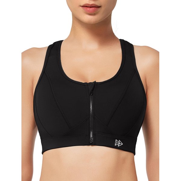 Yvette Zip Front Sports Bra - High Impact Sports Bras for Women Plus Size Workout Fitness Running,Black,S