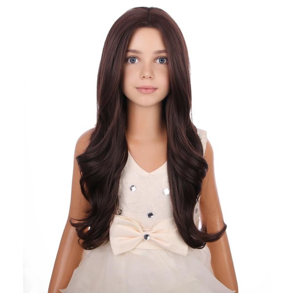 PATTNIUM Long Curly Wavy Brown Wig for Kids Child Mixed Brown Wig Girls Middle Part Dark Brown Synthetic Wig with Wig Cap