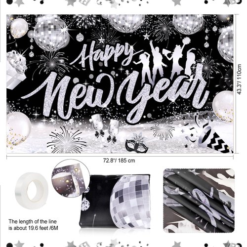 HOWAF New Years Eve Party Supplies 2025 Disco New Years Decorations, Black Silver New Years Backdrop Happy New Year Banner 2025 Balloons New Year Disco Foil Balloons 2025 NYE Decorations Kit