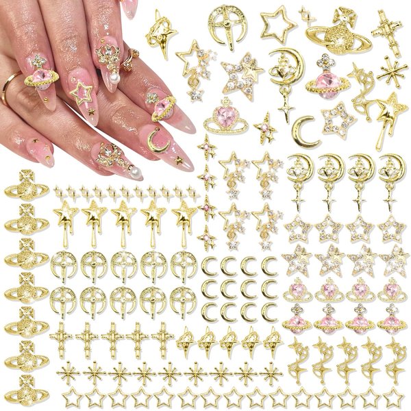 RODAKY 128PCS Gold 3D Star Cross Nail Charms Pink Saturn Planet Nail Art Charms with Crystal Rhinestone Nail Art Decoration Y2K Nail Gems Jewels Accessories for Nail Art Supplies Manicure Craft DIY