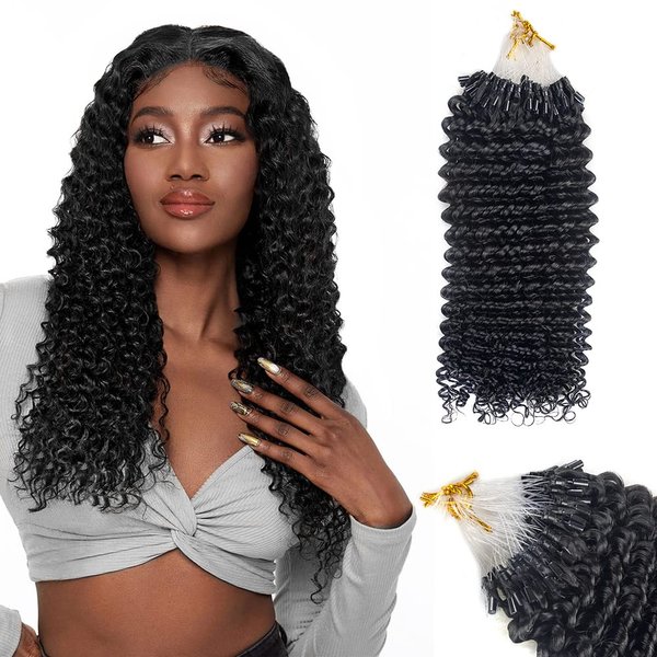 Micro Links Hair Extensions for Black Women Real Human Hair Micro Links Hair Extensions Kinky Curly Micro Link Hair Extensions Human Hair Natural Color 100 Strands 14 Inches