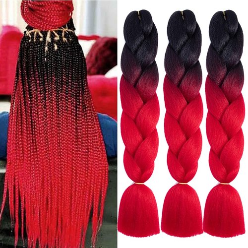 Braiding Hair Ombre Black to Red Kanekalon Braid Hair Extensions Hot Water Setting High Temperature Synthetic Fiber 24 Inches(B1-3Pack)