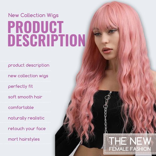 andromeda Pink Wig with Bangs Soft Long Wavy Wigs for Women Curly Synthetic Fiber Wig Halloween Costumes Cosplay Party Wigs (Pink)