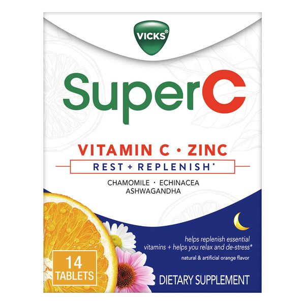 Super C Nighttime Daily Supplement to Rest and Replenish with Vitamin C, B Vitamins, and a Blend of Quality Herbal Extracts, Coated to be Easy to Swallow, from The Makers of Vicks, 28 ct