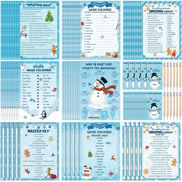 Containlol 187 Pcs Trivia Game for Adult with Pencils Christmas Party Games Sets Xmas Game Festival Guessing Activity for Adult Family Party Supplies(Winter)