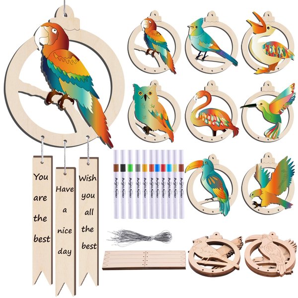 Unfinished Wood Birds Wind Chime Crafts Kit, Make You Own Birds Wind Chimes Hanging Ornament DIY Painting Art Craft, 16 Pcs Blank Wood Arts and Crafts Kit for Holiday Party Birthday Decor Art Activity