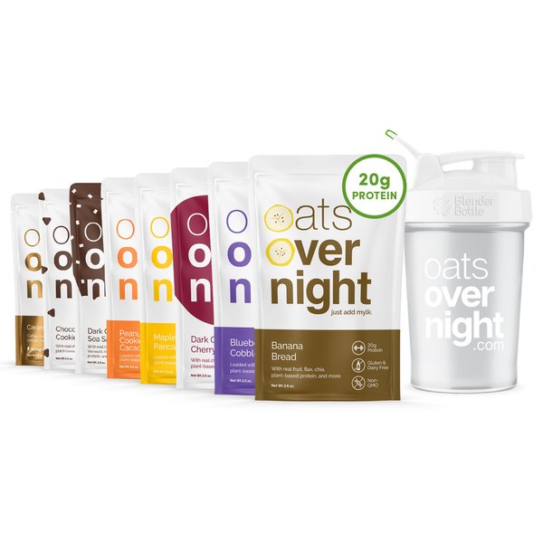Oats Overnight - Vegan Variety Pack High Protein, High Fiber Breakfast Shake - Gluten Free, Non GMO Oatmeal Banana Bread, Blueberry Cobbler & More (8 Pack + BlenderBottle)