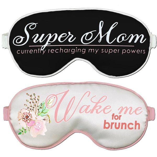 Gifts for Mom - Set of 2 Super MOM Black/White Piping Sleep Mask & Wake Me for Brunch White Floral Sleep Mask Gift Set - Blackout Mask(BlkSprMom/WhtBrnch)