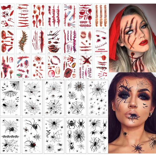 40 Sheets 3D Spider Web&Fake Scar Temporary Tattoos Halloween Makeup Kit, Witch Zombie Realistic Fake Bat Scary Face Tattoos Stickers For Women Adults Kids Men (Halloween)