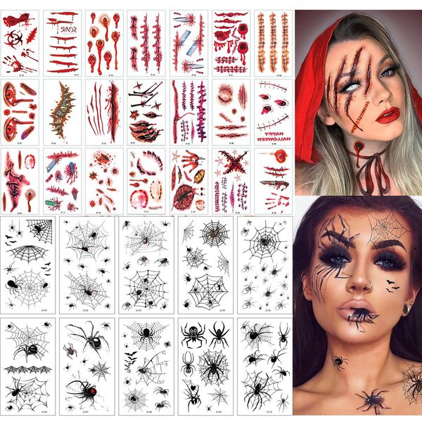 40 Sheets 3D Spider Web&Fake Scar Temporary Tattoos Halloween Makeup Kit, Witch Zombie Realistic Fake Bat Scary Face Tattoos Stickers For Women Adults Kids Men (Halloween)