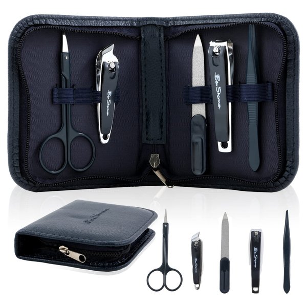 Ben Sherman Nail Clippers for Men Travel Size Nail Clipper Set, 5 Pcs Mens Nail Grooming Kit includes Nail Clippers, Scissors, Tweezers and Leather Traveling Case