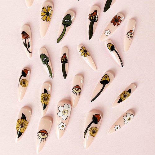 Mushroom Press on Nails Long Almond Pointed Fake Nails Sun Flowers Daisy Eyes Designs False Nails Full Cover Clear Glue on Nails Acrylic Artificial Nails Stick on Nails for Women Girls 24Pcs