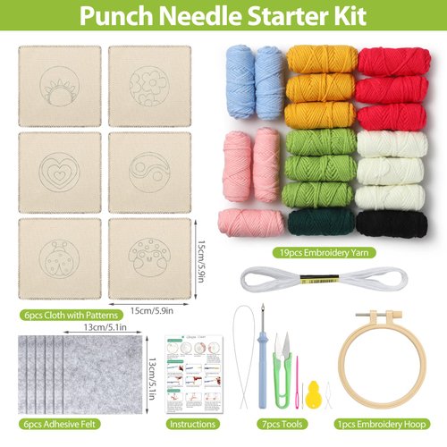Punch Needle Coasters Kit 6 Pattern Embroidery Punch Needle Kits Adults Beginner Coasters Tufted Car Coasters DIY Rug Drink Coasters with Adhesive Felt Yarns Hoop Tools Kids Starter Crafts