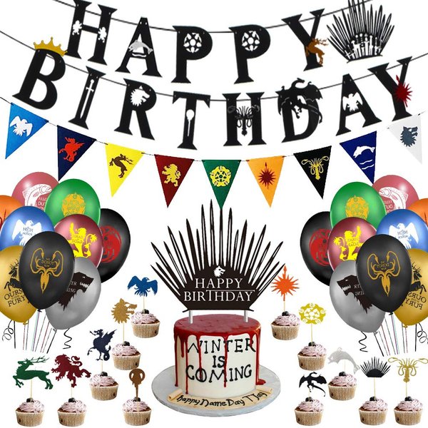 Games of Thronees Birthday Banner, GOT Banner, Cake and Cupcake Toppers, GOT Balloons for GOT Birthday Party Supplies Decorations, 63PCS IN ALL