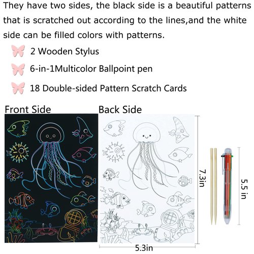 SuyuanArt Color Scratch Art Paper Set for Kids, Double Sided Ocean and Animal Designs,Boys Scratch Off Magic Drawing Crafts Wooden Stick Stylus Party Favors