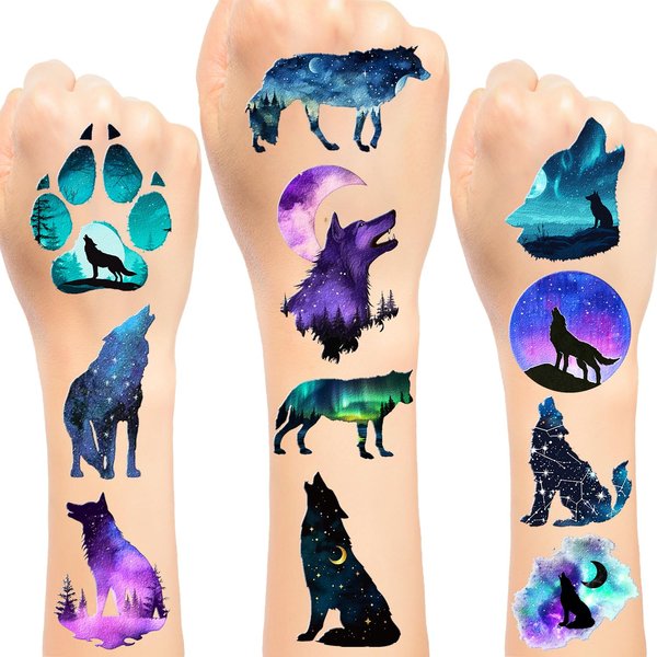 Galaxy Wolf Temporary Tattoo Sticker For Men Women Kids, 20 Sheet Wolf Themed Tattoos Wolf Party Decoration Supplies Party favors