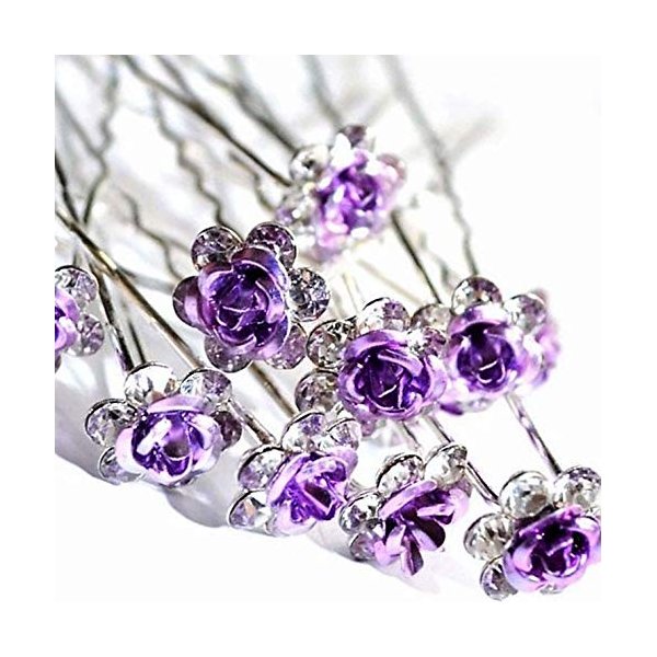 Various Beautiful Designs of Pearl/Crystals and Rhinestone Flower Hair Pins for Brides/Bridesmaids/Prom/Sweet Sixteen/Quinceanera/Weddings - Set of 20 (Purple Roses)