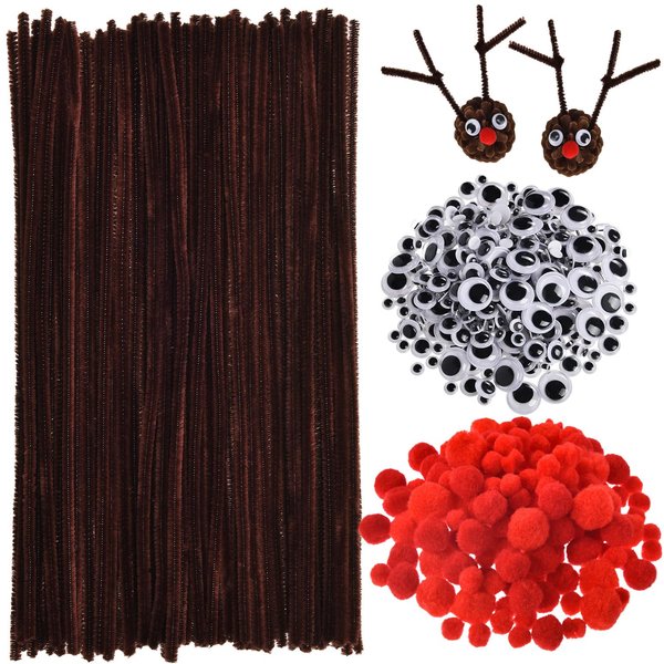 150 Pieces Brown Pipe Cleaners Chenille Stems, 150 Pieces Red Pom Poms Assorted Size Craft Pompoms and 300 Pieces Wiggle Googly Eyes with Self-Adhesive Back for Christmas Reindeer Crafts DIY Making