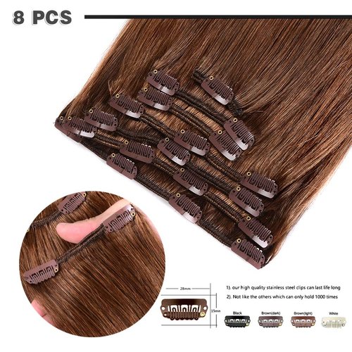 16" Remy Clip in Hair Extensions Human Hair Light Brown for Women Beauty - Long Silky Straight 8pcs 20clips Real Hair Extensions Clip In Human Hair (16 inch 100g #6 Light Brown)