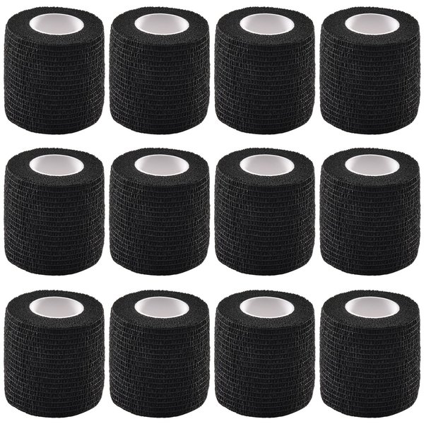 12 Pieces Self Adhesive Bandage Wrap Tape Stretch Self Adherent Cohesive Toe Tape for Sports, Wrist, Ankle, 5 Yards Each (Black, 2 Inches)