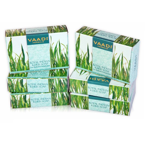 Vaadi Herbals Vetiver Soap (Royal Indian Khus Bar Soap) with Olive and Soybean Oil - Handmade Herbal Soap with 100% Pure Essential Oils - ALL Natural - Each 2.65 Ounces - Pack of 6 (16 Oz)