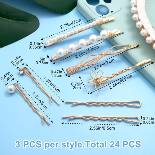 CHANZET Pearl Hair Pins 24pcs, Pearl Bobby Pins Decorative Hair Clips, Metal Pearl Pins for Hair, Bling Sparkly Diamond Hair Clips Flower Hair Barrettes for Women Girls Hair Styling Accessories