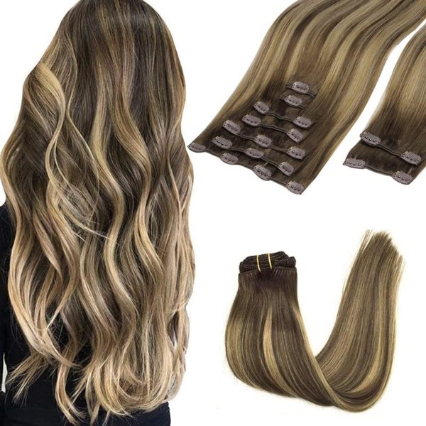 GOO GOO Clip in Hair Extensions Real Human Hair, Remy Human Hair Extensions Clip ins for Women, Natural Human Hair, 16inch 150g 9Pcs, 4/27/4 Balayage Chocolate Brown to Caramel Blonde