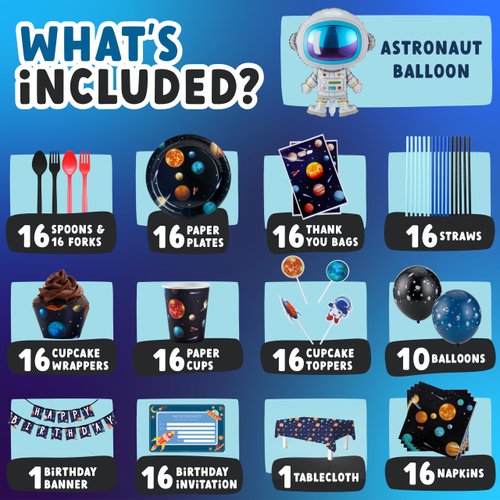 Space Themed Birthday Party Decorations - Astronaut Party Decorations 16 Guest Include Astronaut Balloon, Plates Cups Napkins Banner Cutlery Balloon Tablecloth Cupcake Toppers