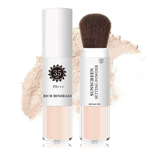Setting Powder Sunscreen Powder Mineral Powder SPF 35 PA+++ Natural Flawless Smooth Soft Matte Oil Control Brighten Concealer Translucent Powder Setting Powder Makeup With Sunscreen Brush #01 Transluc