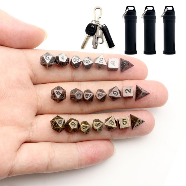 Haxtec Mini Dice Set Tiny Small Metal DND Dice Set with Dice Case Portable Antique Metal Dice Set for Keychain-3 Sets